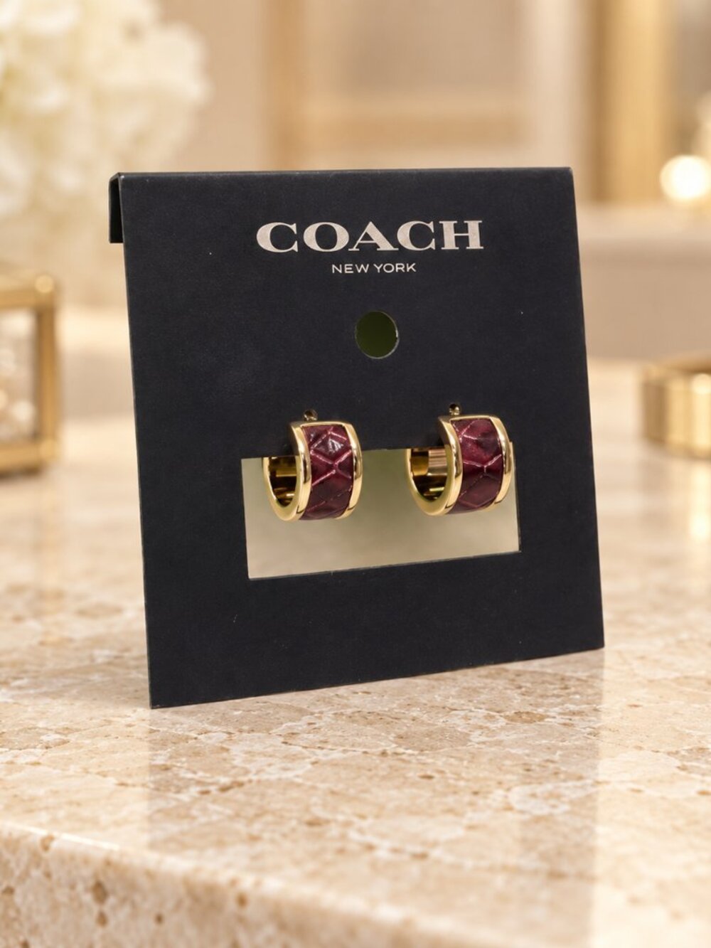 Coach Burgundy Snake-Embossed Leather Gold-Tone Hoop Earrings NWT